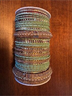 Gold and Green Bangle Bracelet Set - Women Jewelry - Size 2.7